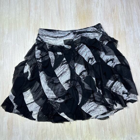 Ethyl Black Ivory Mesh Ruffle Abstract Monochrome Swirl Graphic Pattern Skirt 6 - Picture 1 of 12